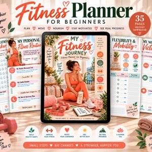 May include: A digital fitness planner for beginners displayed on a tablet screen, surrounded by physical fitness accessories including a pink yoga mat, dumbbells, a water bottle, and towels. The planner pages feature text, icons, and trackers.