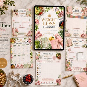 May include: A digital tablet displaying a Weight Loss Planner cover surrounded by printed planner pages including a vision board, meal planner, habit tracker, body measurements tracker, and goal sheet, all decorated with floral and fitness illustrations.