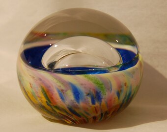 Glass Paperweight: Rainbow and Bright Blue with Bubble