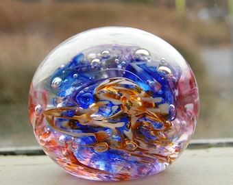 Glass Paperweight: Cobalt, Amber, Salmon, Pink and Bubbles