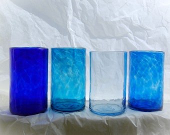 Four Hand blown Drinking Glasses in Shades of Blue