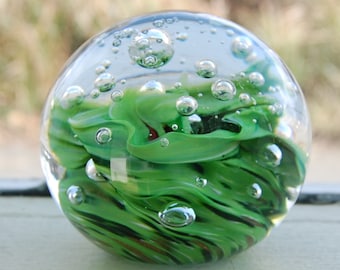 Glass Paperweight in Green and Gold with Bubbles