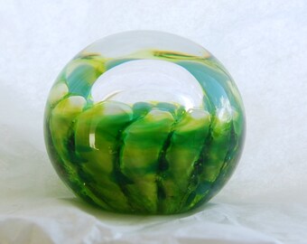 Glass Paperweight: Greens and Celadon with Bubble