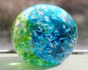Glass Paperweight: Lime, Teal, Turquoise, Azure and Bubbles