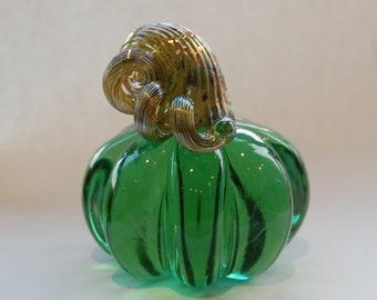 Glass MiniPumpkin in Mystic Green with Gold Stem