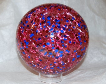 Glass Float for the garden in Cranberry Pink with Lapis and Scarlet spots