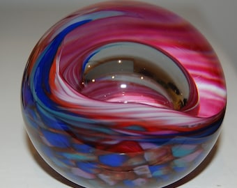 Glass Paperweight in Pink, Red, and Blues with Peak-a-Boo Bubble