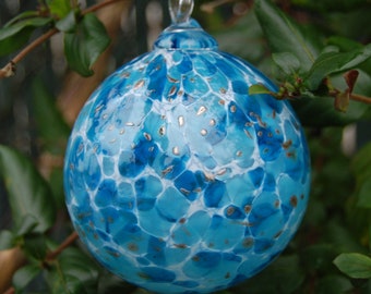 Handblown Glass Ornament:  Blues, White, and Gold