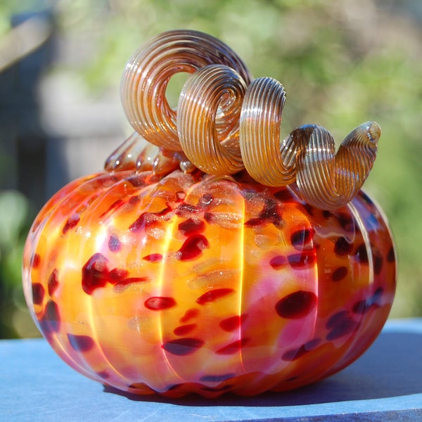 Handblown Glass Pumpkin in Amber, Pink, and Red with Silver Brunished Glass Stem
