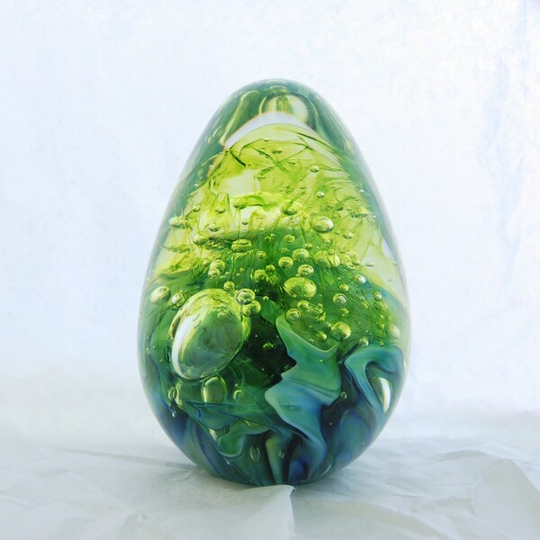 Glass Egg in Lime Green and Blue with Bubbles