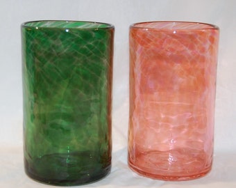 Two Hand blown Drinking Glasses:  Deep Woods Green and Aurora Orange