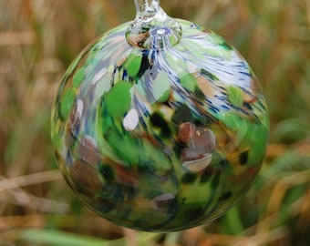 One-of-a-kind Handblown Glass Ornament:  Greens, Gold, and Blues