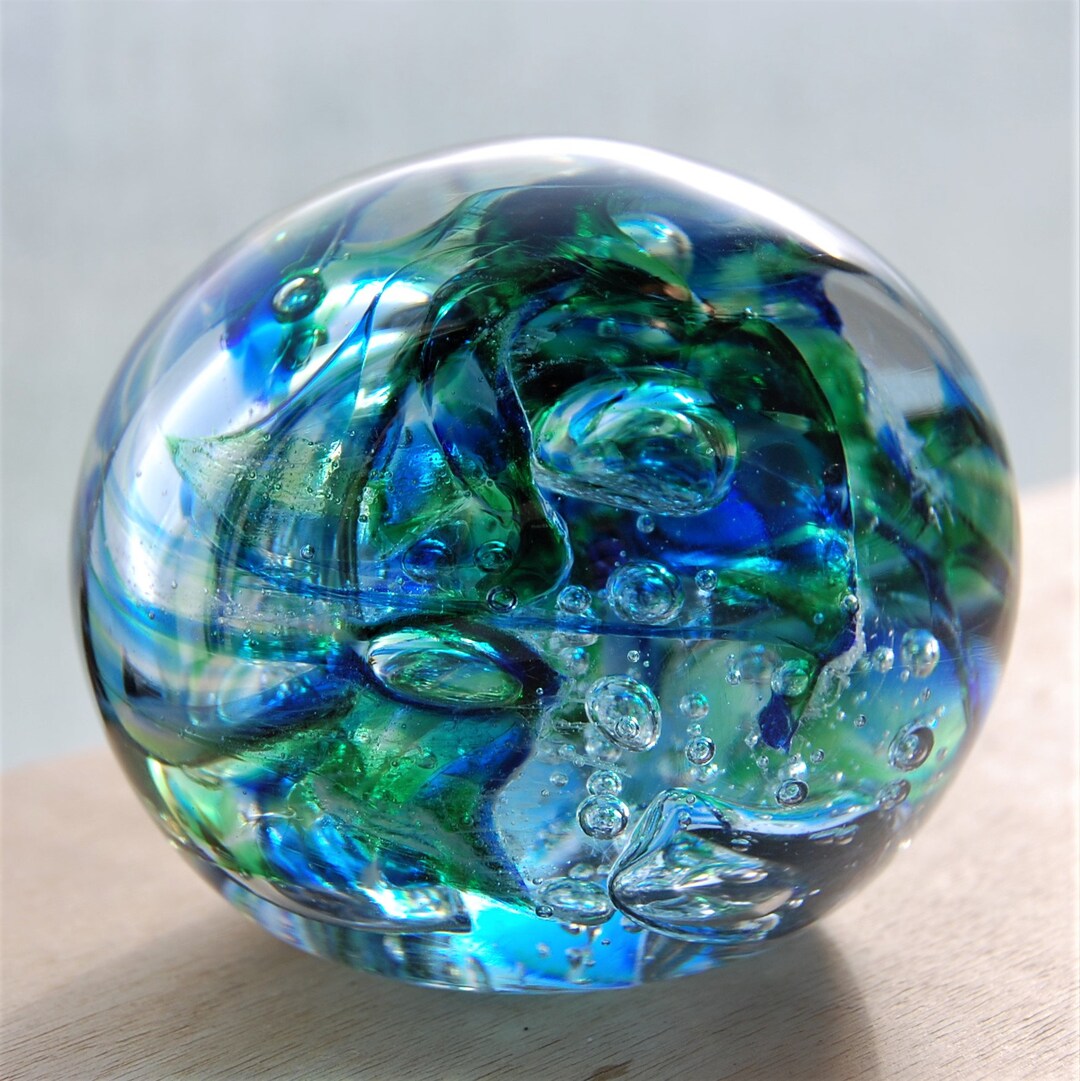 Glass Paperweight Emerald and Azure With Bubbles Etsy