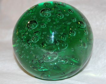 Hand Sculpted Paperweight in Green Glass with Bubbles