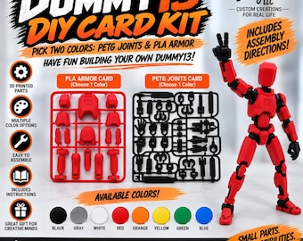 May include: A Dummy 13 DIY card kit featuring a red PLA armour sprue, a black PETG joints sprue, and an assembled red and black articulated figure. The image includes text labels, colour swatches, and assembly instructions for 3D printed parts.