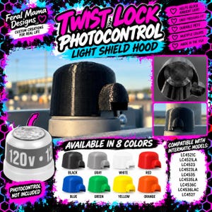 Może przedstawiać: Czarna osłona przeciwsłoneczna Twist Lock Photocontrol do modeli Intermatic LC4521C, LC4521LA, LC4523, LC4523LA, LC4535, LC4535LA, LC4536C, LC4536LAC i LC4527. Osłona jest dostępna w ośmiu kolorach: czarnym, szarym, białym, czerwonym, niebieskim, zielonym, żółtym i pomarańczowym.