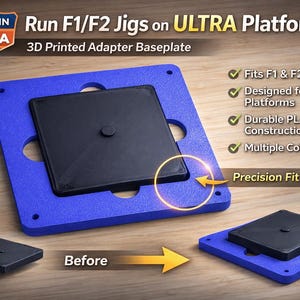 May include: A 3D-printed adapter baseplate, designed to fit F1 and F2 jigs on ULTRA platforms. The image shows a blue square base with a black square insert, and the text "Made in USA". The text also reads "Precision Fit Alignment".