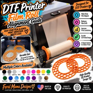 May include: A DTF printer film roll alignment guide featuring orange circular 3D printed rings with a honeycomb pattern. The guide helps keep film aligned and flat on the build plate. The image displays various color options including black, gray, white, red, pink, orange, yellow, green, blue, purple, silver, and bronze.