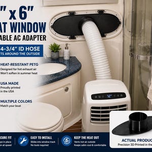 Puede incluir: Un adaptador de ventana de barco de 16 por 6 pulgadas para aire acondicionado portátil, fabricado en PETG resistente al calor. El adaptador cuenta con un puerto circular central diseñado para un tubo de 4,75 pulgadas para ventilar aire caliente.