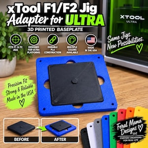 May include: A blue 3D printed baseplate adapter for xTool F1/F2 jigs, featuring a square black insert. The product is labeled as an xTool F1/F2 Jig Adapter for ULTRA, designed for durable PLA construction, with multiple color options available.