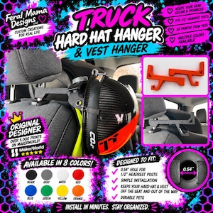 May include: A 3D printed PETG truck hard hat and vest hanger designed to fit 0.54 inch headrest posts. The black hanger attaches to vehicle headrests, providing a secure mount for hard hats and safety vests, with color options shown.