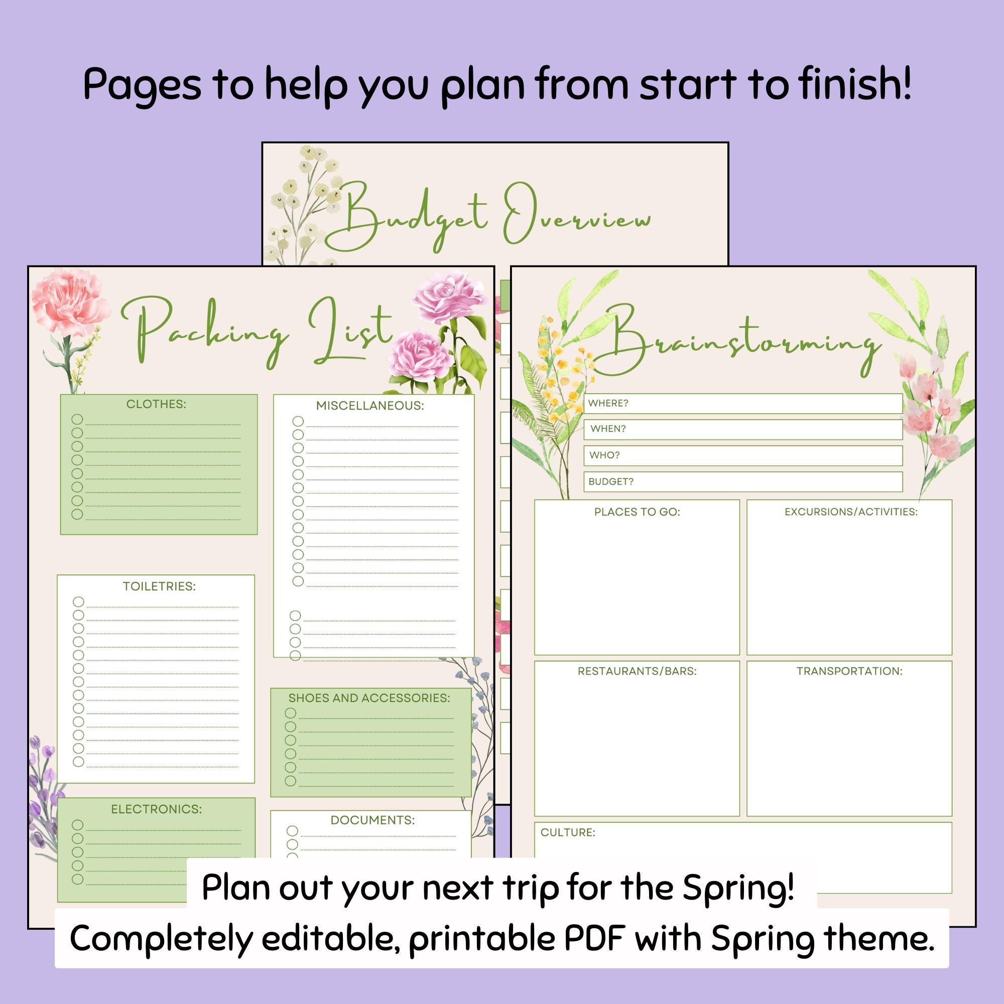Spring Planning Example Spring Travel Planning Template Digital Download Printable PDF - Etsy