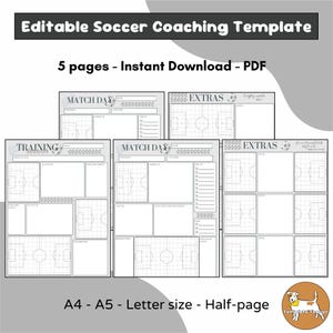 May include: A printable soccer coaching template with five pages, including training session, match day, and extra notes. The template features a soccer field diagram with lines for drawing plays and strategies.