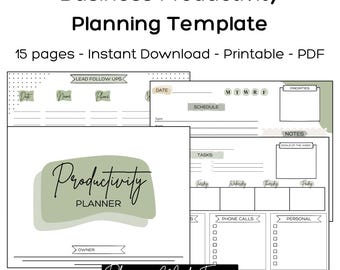 May include: A printable business productivity planner with a minimalist design. The template includes sections for lead follow-ups, scheduling, tasks, phone calls, and personal notes. The text "Business Productivity Planning Template" is at the top.