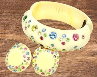 Vintage Weiss Clamper Bracelet and Earrings Set: Yellow Rhinestone Jewelry