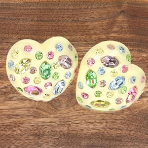 Vintage Albert Weiss Signed Yellow Heart Earrings Set / 1950s Weiss Signed Celluloid Heart Earrings Set with Multicolored Rhinestones