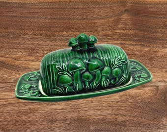 Vintage Green Ceramic Mushroom Butter Dish with Lid