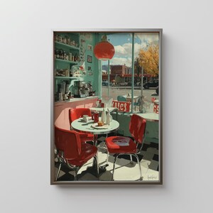 May include: An interior painting of a diner scene. The artwork features a round table with red chairs, a red light fixture, and a view of the street outside. The diner has a retro aesthetic with a black and white checkered floor.