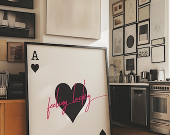 Valentines Gift for Her Printable Artwork Modern Ace of Hearts Wall Art, Lucky You Digital Print for Home Decor y2k Preppy Room Design