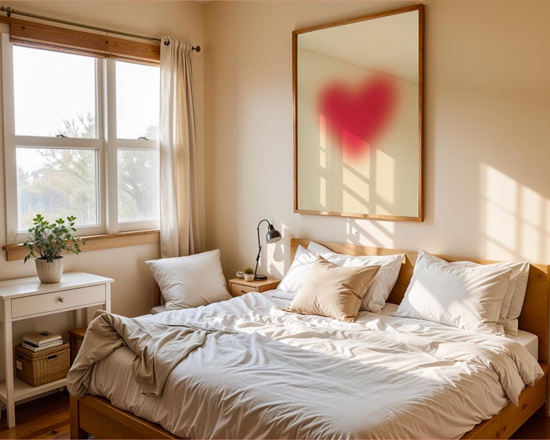 May include: A bedroom with a large window, white curtains, a wooden bed frame, white bedding, and a framed mirror with a red heart shape in the center.