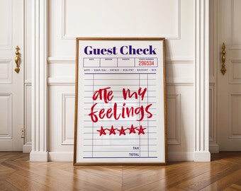 Ate My Feelings Print | Guest Check Wall Art | Retro Wall Art | Dorm Decor | Kitchen Wall Art | Digital Art Print | Preppy Wall Art Bar Cart