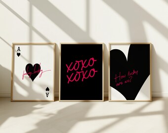 Set of 3 Wall Art Prints – XOXO, Feeling Lucky Card and How Lucky Are We? Minimalist Digital Download for Preppy Room and Valentine&#39;s Decor