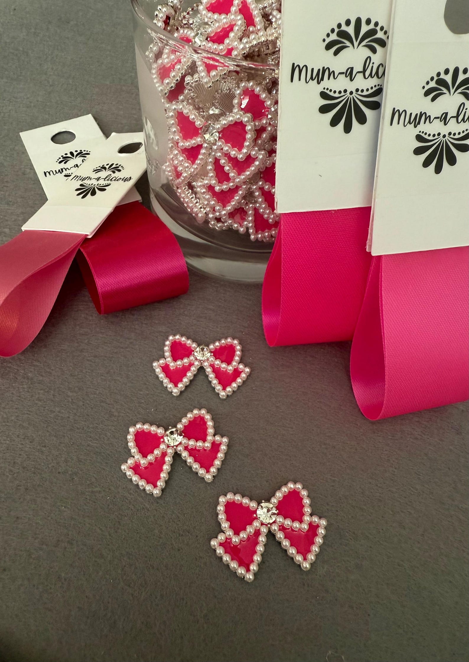 Pink Rhinestone Bow Hot Pink Enamel Bows Trimmed in Pearl With Rhinestone Center - Etsy