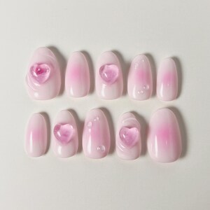 Pink Heart Valentines Press On Nails 3D Heart Press On Nails Handmade Reusable Nails Valentines Day Nails Short Round Nails Aura Nails