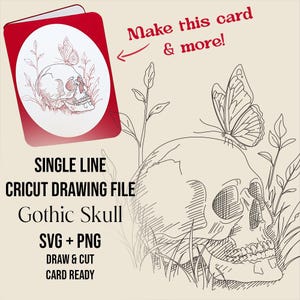 Cricut Zeichnung Single Line Gothic Viktorianischer Garten Schädel SVG PNG Kartenherstellung DIY Zeichnen Folienschnitt Handgezeichnet Digitaler Download Schmetterling Pflanzen