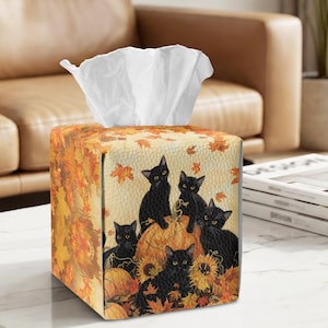 Fall Black Cat Pumpkin Square Tissue Box Cover Vintage Maple Leaf Autumn Cube Tissue Holder Thanksgiving Decor Gift for Home Bathroom Table