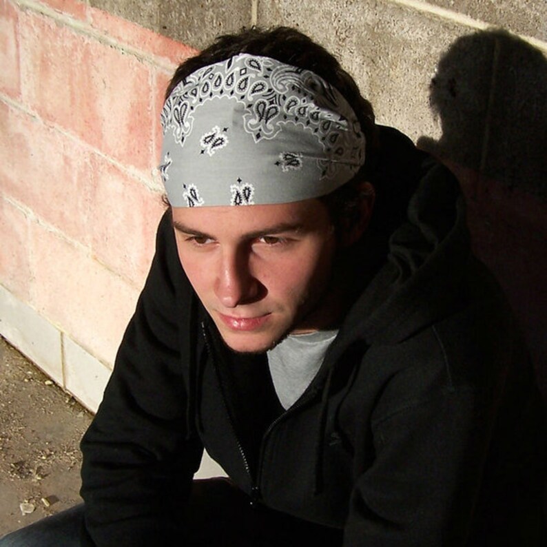 Men's Gray Bandana Headband Silver Bandanna Head Scarf Etsy