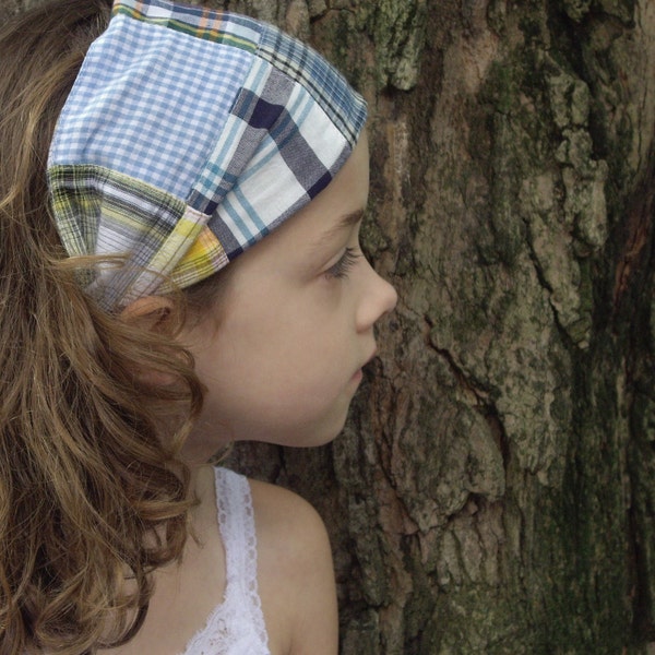 Wide Stretch Headband - Cotton Blue Plaid Quilt