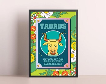Taurus Zodiac Print Poster Retro A4-A1 Astrology Tarot Star Sign