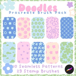 May include: A digital art pack with the word "Doodles" in pink, featuring 10 seamless patterns and 29 stamp brushes. The patterns include stars, smiley faces, flowers, and hearts in pastel colors like blue, pink, and green.
