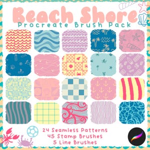 Puede incluir: Un paquete de pinceles Procreate llamado "Beach Shore" con 24 patrones sin costuras, 45 pinceles de sello y 5 pinceles de línea. La imagen presenta una cuadrícula de patrones con temática de playa en tonos rosa, azul y amarillo, con ilustraciones de olas, conchas y palmeras.
