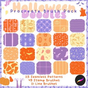 May include: A digital art pack with a Halloween theme. The image features a grid of 25 seamless patterns, 49 stamp brushes, and 21 line brushes. The color palette includes orange, purple, and yellow, with illustrations of pumpkins, ghosts, and bats.