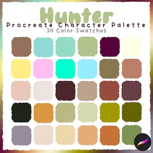 Puede incluir: Una paleta de colores de arte digital titulada "Hunter" con 30 muestras de color. La paleta de colores incluye una variedad de tonos, incluyendo marrón, azul, verde, rosa y amarillo. La paleta de personajes Procreate se muestra sobre un fondo blanco.