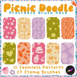Peut inclure: Un pack de pinceaux Procreate intitulé "Picnic Doodle" avec 21 motifs sans couture et 27 pinceaux tampons. Les motifs présentent des fleurs, des œufs, des cerises et des ours, dans des tons de rose, orange, vert et violet. Le texte indique "21 Motifs sans couture 27 Pinceaux Tampons".
