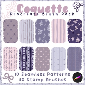 May include: A digital art pack labelled "Coquette Procreate Brush Pack" with ten seamless patterns and thirty stamp brushes. The patterns feature floral, striped, and geometric designs in shades of purple, lavender, and pink.