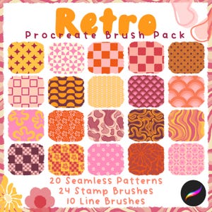 May include: A digital art pack labelled "Retro Procreate Brush Pack" with 20 seamless patterns, 24 stamp brushes, and 10 line brushes. The image displays a grid of colourful, retro-style patterns in shades of orange, pink, yellow, and brown.